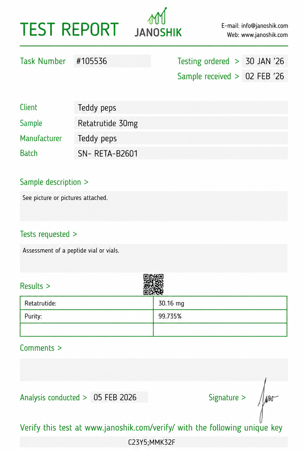 Janoshik Analytical test report - Retatrutide 30mg batch SN-RETA-B2601, 99.735% purity