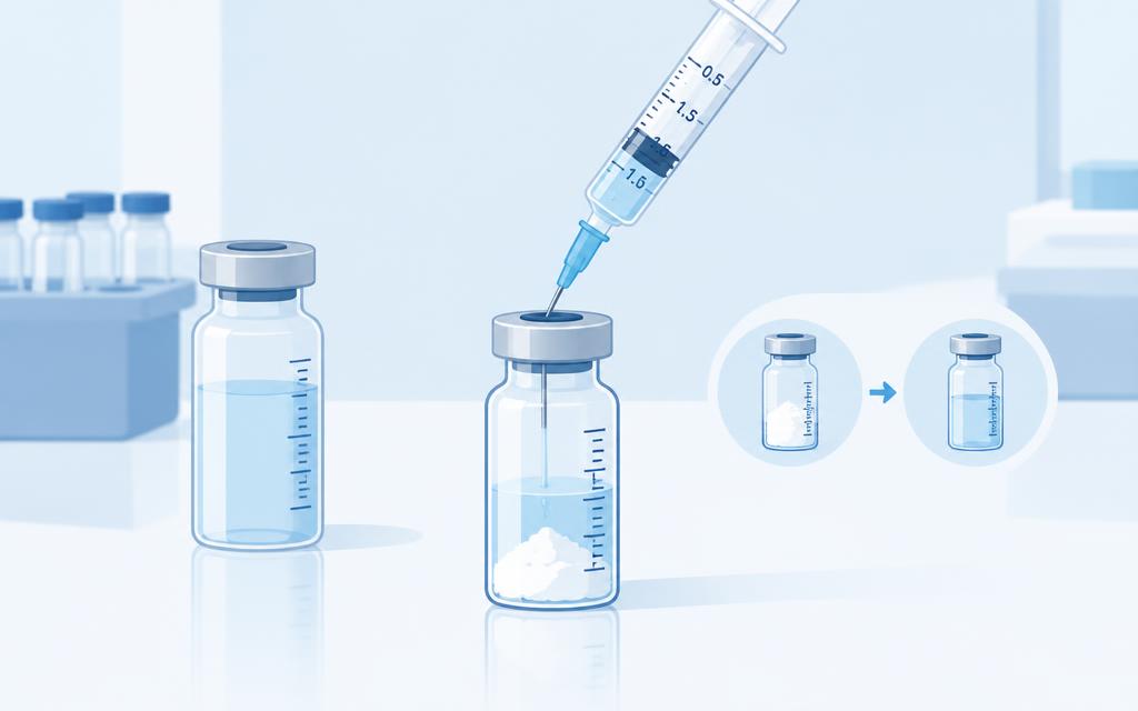 Spuit voegt bacteriostatisch water toe aan een vial met gevriesdroogd poeder
