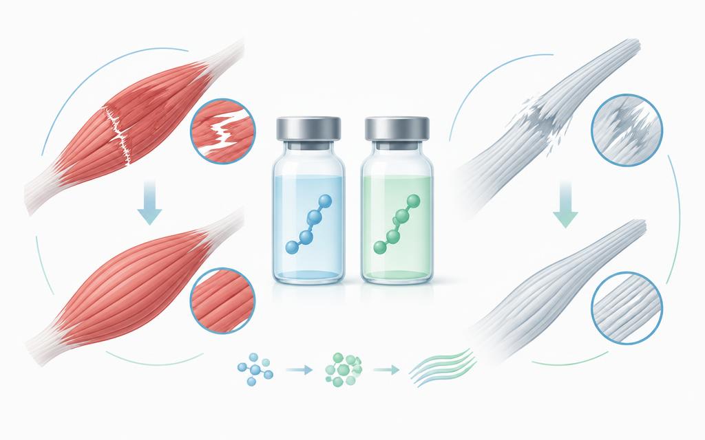 Twee peptideflesjes tussen illustraties van spier- en peesweefsel