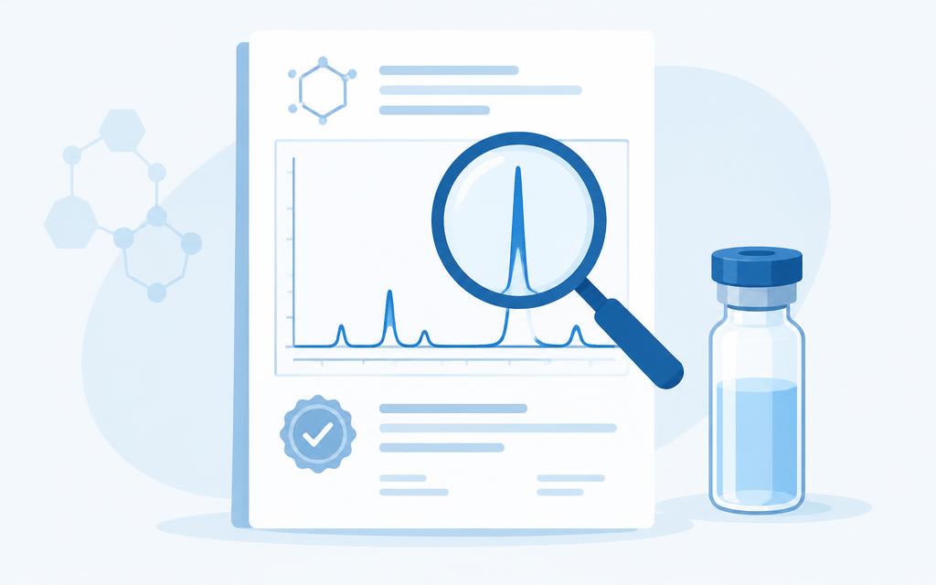 Vergrootglas over een analysecertificaat met chromatogram naast een vial