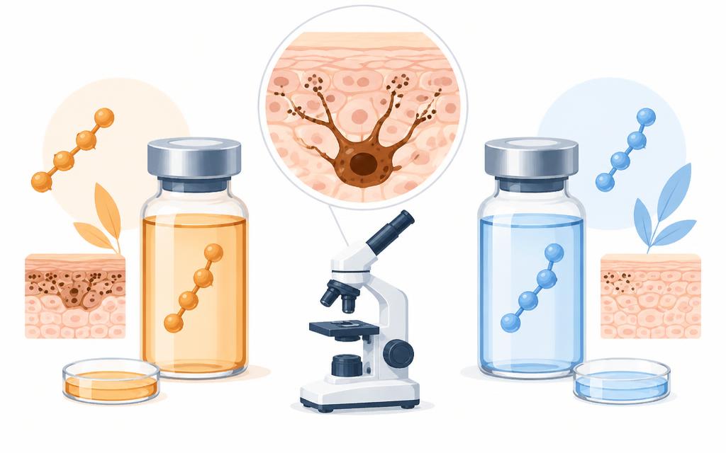 Twee peptideflesjes met huidcelonderzoek onder de microscoop