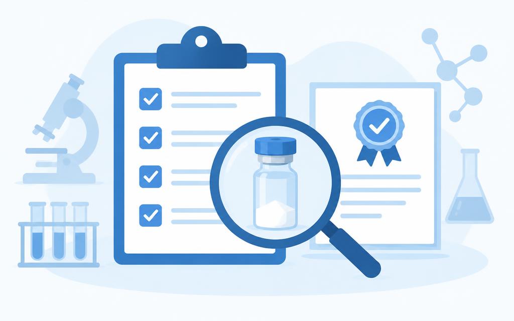 Checklist met vergrootglas over een peptideflesje en een certificaat