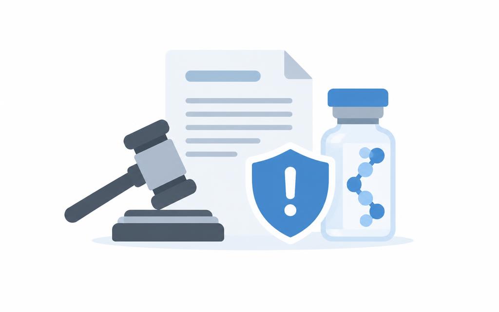 Document met gavel en een peptideflesje achter een waarschuwingsschild